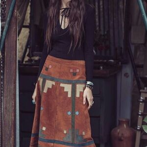Free People Modern Folk Bohemian Suede Midi Skirt in Rust Color